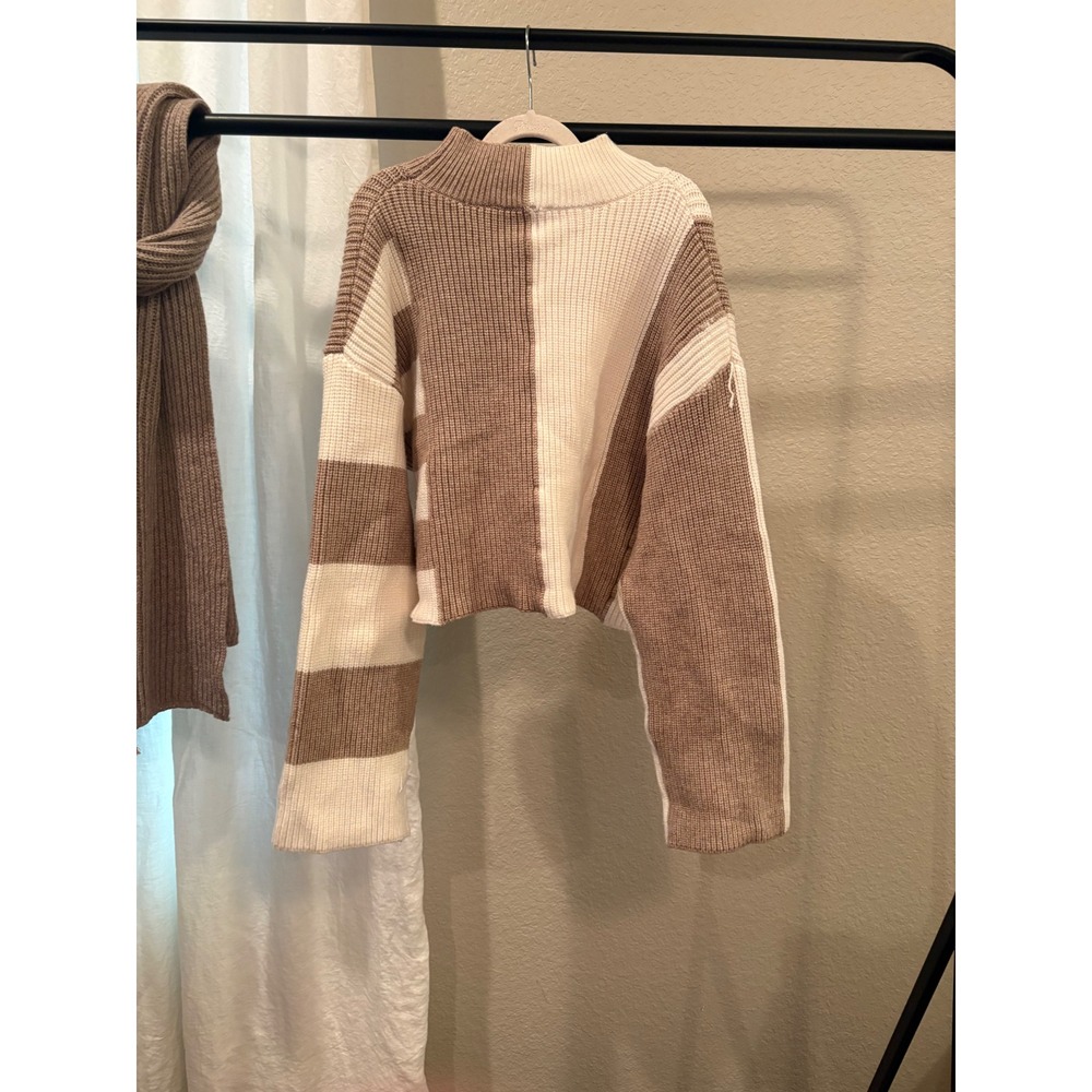 Buttermelon Brown Cream Colorblock Striped Cropped Ribbed Knit Sweater Medium